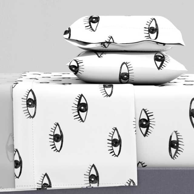 Eyes Sheets - Big Watching You By Katerinaizotova Watercolor Black & White Human Cotton Sateen Sheet Set Bedding Spoonflower - image 1