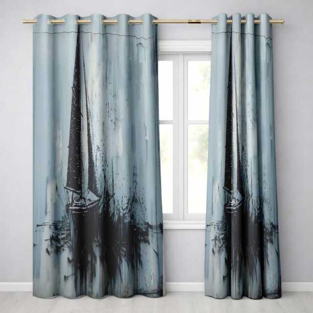 Black Sailing Boat On Pale Blue Abstract Sea Striking Bold Artwork For Home Decor Readymade Eyelet Ring Top Thermal 100% Blackout Curtains - image 1