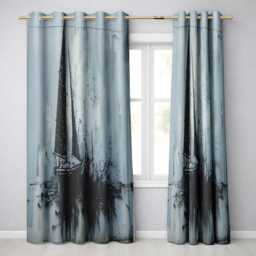 Black Sailing Boat On Pale Blue Abstract Sea Striking Bold Artwork For Home Decor Readymade Eyelet Ring Top Thermal 100% Blackout Curtains - thumbnail 1