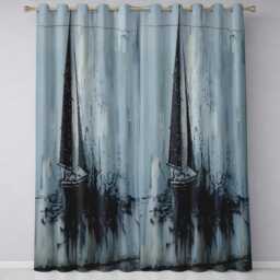 Black Sailing Boat On Pale Blue Abstract Sea Striking Bold Artwork For Home Decor Readymade Eyelet Ring Top Thermal 100% Blackout Curtains - thumbnail 3