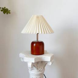 Handmade Oak Wooden Vintage Table Lamp, Pleated Fabric Shade 110-240V, Bedroom Kitchen Rustic Cozy Art Decor, Japandi Nightstand Desk Lamp - thumbnail 1
