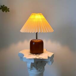 Handmade Oak Wooden Vintage Table Lamp, Pleated Fabric Shade 110-240V, Bedroom Kitchen Rustic Cozy Art Decor, Japandi Nightstand Desk Lamp - thumbnail 3