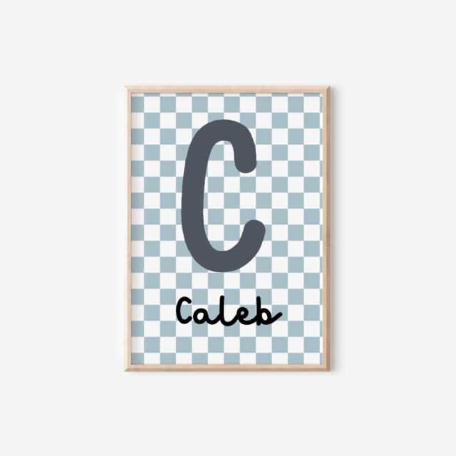 Retro Blue Checkerboard Initial Name Print For Boy Or Girls Bedroom, Nursery Playroom, Wall Decor Childrens Room - image 1