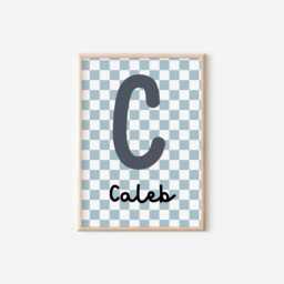 Retro Blue Checkerboard Initial Name Print For Boy Or Girls Bedroom, Nursery Playroom, Wall Decor Childrens Room - thumbnail 1
