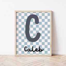 Retro Blue Checkerboard Initial Name Print For Boy Or Girls Bedroom, Nursery Playroom, Wall Decor Childrens Room - thumbnail 3
