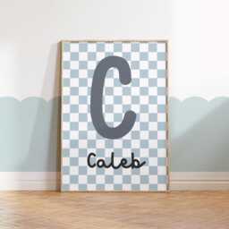 Retro Blue Checkerboard Initial Name Print For Boy Or Girls Bedroom, Nursery Playroom, Wall Decor Childrens Room - thumbnail 2