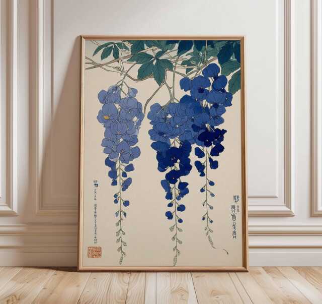 Japanese Wisteria Art Print, Indigo Blue Floral Botanical Poster - image 1