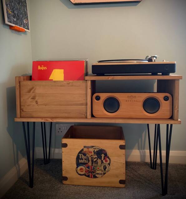 Handmade Redwood Record Player Stand With Hairpin Legs, Vinyl Storage - image 1