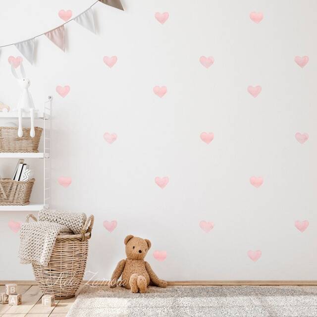 Premium Fabric Wall Decal, Pink Hearts, Nursery Wall Decal, Watercolor Hearts Nursery Sticker, Heart Stickers - image 1
