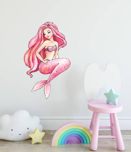 Watercolor Pink Mermaid #1 Wall Decal Ocean Sea Life Removable Fabric Sticker - image 1