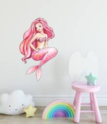 Watercolor Pink Mermaid #1 Wall Decal Ocean Sea Life Removable Fabric Sticker - thumbnail 1