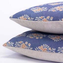 Chatsworth Linen-Blend Cushion in Denim Blue & Orange. Geometric Floral Paisley Design On A Linen Mix Background. 17x17 - thumbnail 2