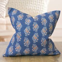Chatsworth Linen-Blend Cushion in Denim Blue & Orange. Geometric Floral Paisley Design On A Linen Mix Background. 17x17