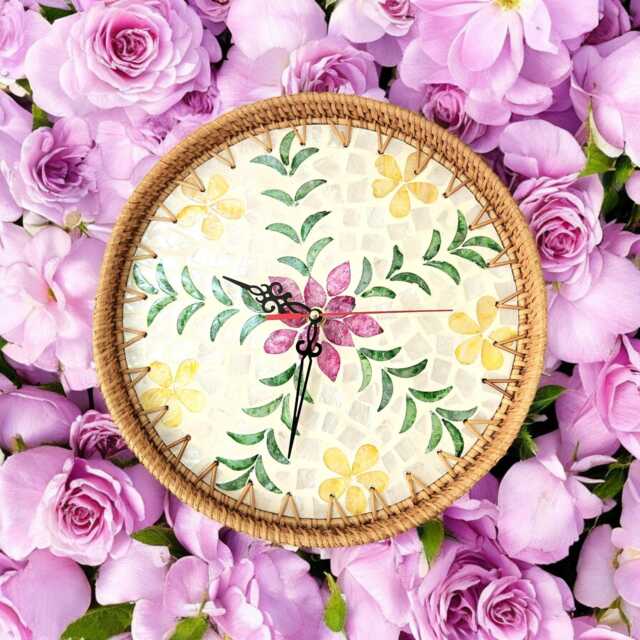 Unique Floral Wall Clock - Silent Non-Ticking Clocks For Decor in Living Room, Kitchen & Bedroom Boho Design With Rattan, Shell - image 1