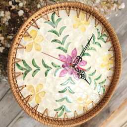 Unique Floral Wall Clock - Silent Non-Ticking Clocks For Decor in Living Room, Kitchen & Bedroom Boho Design With Rattan, Shell - thumbnail 2