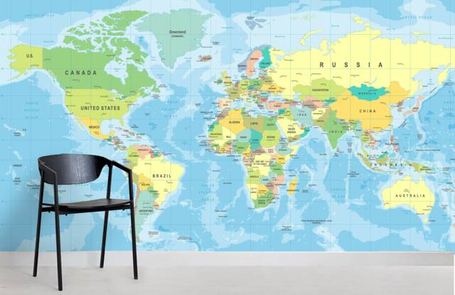 Blue Tones 3D World Map Wallpaper, Peel & Stick Wall Mural - image 1