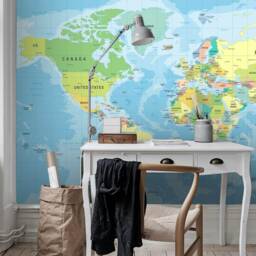 Blue Tones 3D World Map Wallpaper, Peel & Stick Wall Mural - thumbnail 3