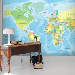 Blue Tones 3D World Map Wallpaper, Peel & Stick Wall Mural - thumbnail 2