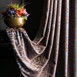 Blue Brown Geometric Chenille Curtain Panel Custom Modern Drapes - thumbnail 2