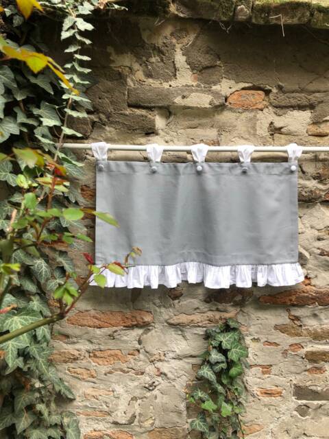French Country Valance in Gray Cotton With White/Beige Ruffle Farmhouse Extra Wide Window Treatment Tab Top Cafe Curtains Custom Size - image 1
