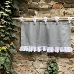 French Country Valance in Gray Cotton With White/Beige Ruffle Farmhouse Extra Wide Window Treatment Tab Top Cafe Curtains Custom Size - thumbnail 2