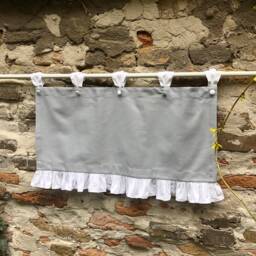 French Country Valance in Gray Cotton With White/Beige Ruffle Farmhouse Extra Wide Window Treatment Tab Top Cafe Curtains Custom Size - thumbnail 4