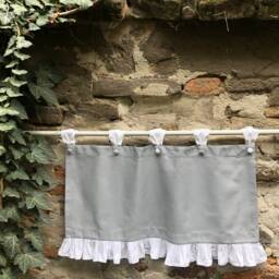 French Country Valance in Gray Cotton With White/Beige Ruffle Farmhouse Extra Wide Window Treatment Tab Top Cafe Curtains Custom Size - thumbnail 3