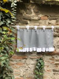 French Country Valance in Gray Cotton With White/Beige Ruffle Farmhouse Extra Wide Window Treatment Tab Top Cafe Curtains Custom Size
