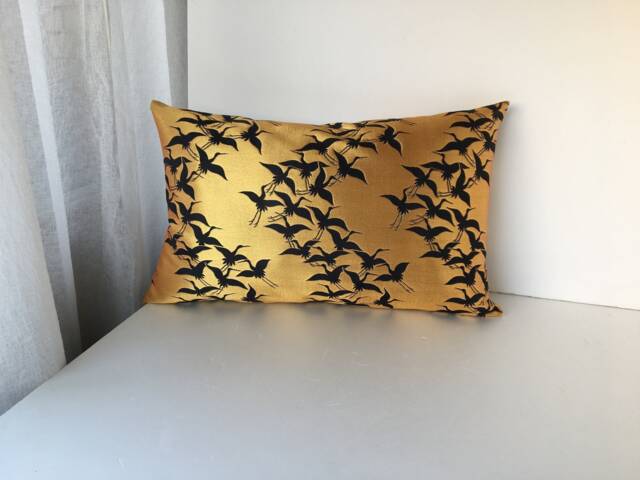 Golden Crane Brocade Pillow Case, Japanese Obi Brocade, Sofa Bedding, Japan Throw Pillow, Kimono Cushion, Black & Gold Decor - image 1