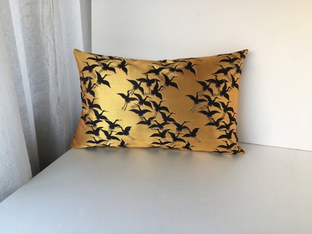 Golden Crane Brocade Pillow Case, Japanese Obi Brocade, Sofa Bedding, Japan Throw Pillow, Kimono Cushion, Black & Gold Decor - image 1