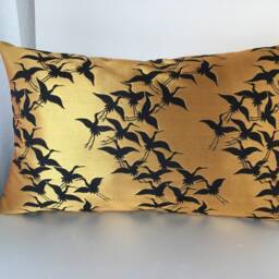 Golden Crane Brocade Pillow Case, Japanese Obi Brocade, Sofa Bedding, Japan Throw Pillow, Kimono Cushion, Black & Gold Decor - thumbnail 2