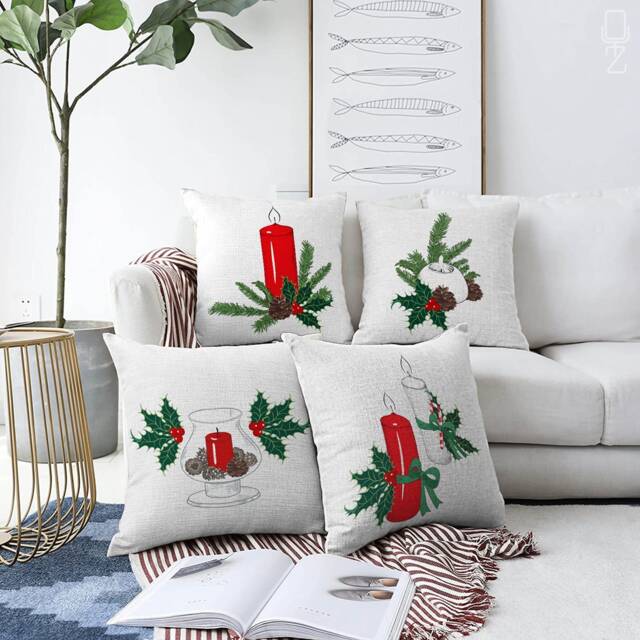 Christmas Cushion Covers With Red Candles, Cones & Pine Leaves, Double Sided Printing On The Chenille Fabric Different Sizes, Oeko-Tex?? - image 1