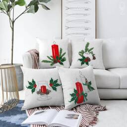 Christmas Cushion Covers With Red Candles, Cones & Pine Leaves, Double Sided Printing On The Chenille Fabric Different Sizes, Oeko-Tex??