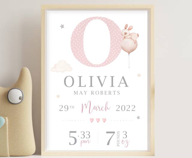Personalised Letter Nursery Print, New Baby Keepsake Gift, Girls Decor - image 1