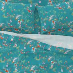 Koi Fish Sheets - Japanese Water Garden Teal By Designed_By_Debby Floral Cotton Sateen Sheet Set Bedding Spoonflower - thumbnail 3