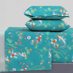 Koi Fish Sheets - Japanese Water Garden Teal By Designed_By_Debby Floral Cotton Sateen Sheet Set Bedding Spoonflower