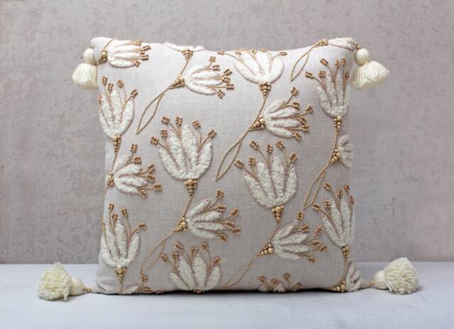 Floral Embroidered Pillow Cover, Linen Cotton Cushion, Boho Tassel Decorative Throw - image 1