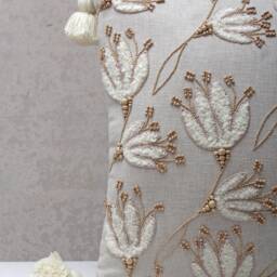 Floral Embroidered Pillow Cover, Linen Cotton Cushion, Boho Tassel Decorative Throw - thumbnail 2