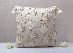Floral Embroidered Pillow Cover, Linen Cotton Cushion, Boho Tassel Decorative Throw