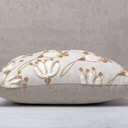Floral Embroidered Pillow Cover, Linen Cotton Cushion, Boho Tassel Decorative Throw - thumbnail 4