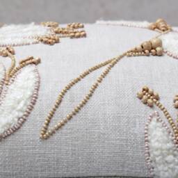 Floral Embroidered Pillow Cover, Linen Cotton Cushion, Boho Tassel Decorative Throw - thumbnail 3