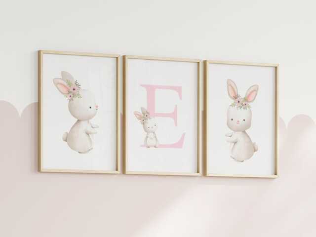 Pink Bunny Wall Art, Girls Nursery Prints, Baby Girl Personalised Rabbit Theme, Set Of 3 Prints - image 1