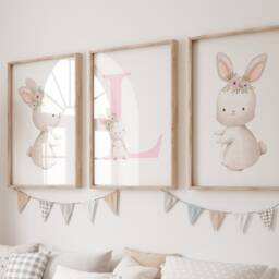 Pink Bunny Wall Art, Girls Nursery Prints, Baby Girl Personalised Rabbit Theme, Set Of 3 Prints - thumbnail 2