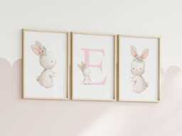 Pink Bunny Wall Art, Girls Nursery Prints, Baby Girl Personalised Rabbit Theme, Set Of 3 Prints - thumbnail 1