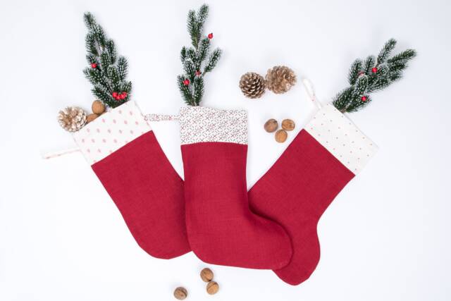 Red Linen Christmas Stocking With Printed Cuff. Zero Waste Packaging - image 1