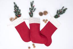 Red Linen Christmas Stocking With Printed Cuff. Zero Waste Packaging - thumbnail 1