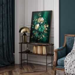 Emerald Green & Gold Floral Wall Art Print - Botanical Rose Bouquet Decor - thumbnail 2