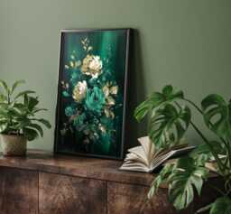 Emerald Green & Gold Floral Wall Art Print - Botanical Rose Bouquet Decor - thumbnail 1