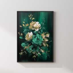 Emerald Green & Gold Floral Wall Art Print - Botanical Rose Bouquet Decor - thumbnail 3