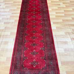 2.6x10 Red 3 Ply Handmade Bokhara Runner Rug - Hallway Stairs Carpet, Extra Thick Pile - thumbnail 2